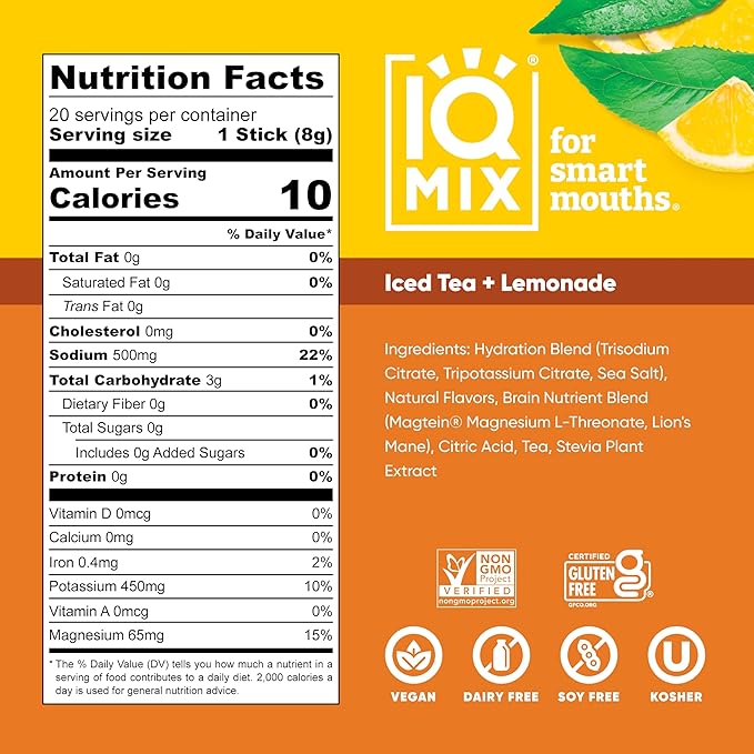 IQMIX Hydration Electrolyte Powder ??4-in-1 Formula for Hydration, Mental Clarity, Mood and Recovery ??Sugar-Free Drink Mix, Keto, Magnesium L-Threonate, Lion?™s Mane ??20 Count New Iced Tea Lemonade