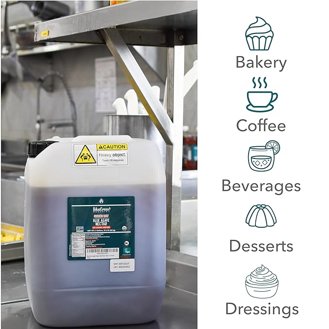 BLUE GREEN ORGANICS, Agave syrup, Agave, Gluten Free, Organic, Sweetener, coffees, pancakes or any baked good, Family-friendly, For restaurants, Sugar substitute, Raw, 57.3 Lb