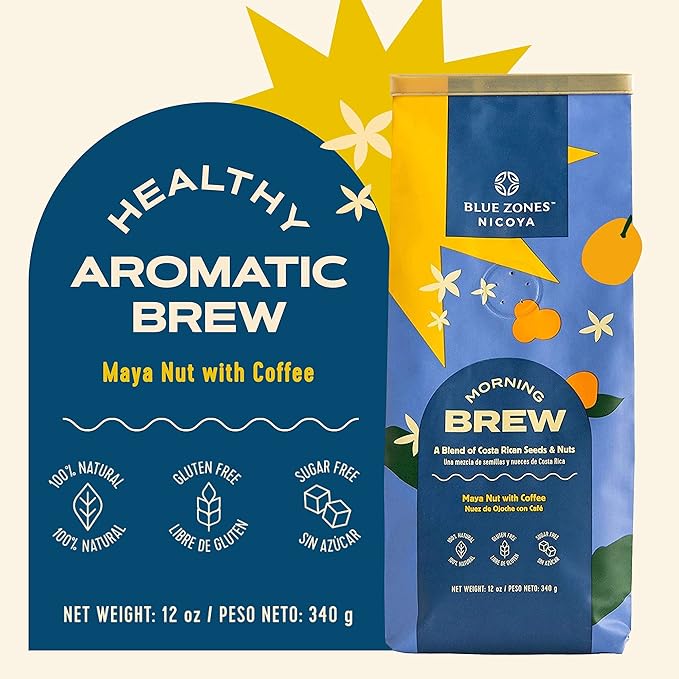 Blue Zones Nicoya - Morning Brew, Maya Nut with Coffee - 100% Natural Ground Coffee Alternative - High Micronutrients - Low Caffeine, Gluten & Sugar-Free (12 oz/ 340g)