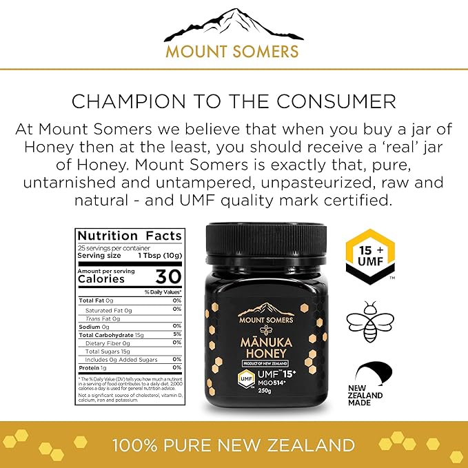 Mount Somers Premium Manuka Honey MGO 514+ / UMF 15+ 100% Pure New Zealand Manuka Honey - Genuine Natural Superfood - UMF Certified & Traceable 8.8oz Jar