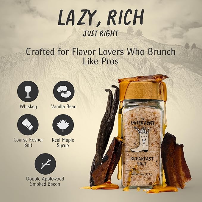 The Salted Roots - Breakfast Salt - Whiskey-Infused with Real Maple, Vanilla Bean & Applewood-Smoked Bacon - Sweet & Savory Seasoning for Eggs, Avocado Toast & Brunch Dishes - 4oz Jar