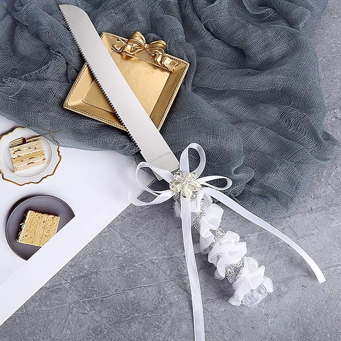 TANG SONG Stainless Steel Elegant Wedding Cake Knife and Serving Set Resin Plastic Handle Pearl Flower Shape with Lace Wedding Cake Knife and Shovel