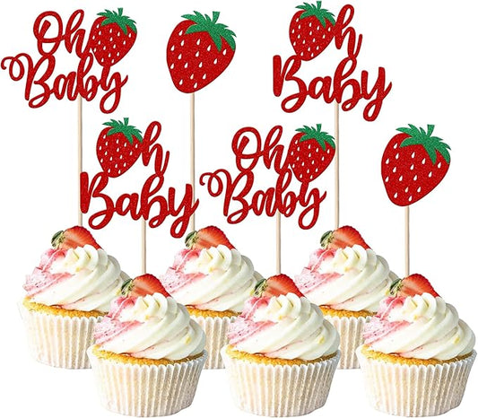 24 Pack Sweet Oh Baby Cupcake Toppers Glitter Oh Baby Strawberry Cupcake Picks Fruit Berry Cupcake Decorations for Summer Strawberry Baby Shower Kids Birthday Party Supplies Red