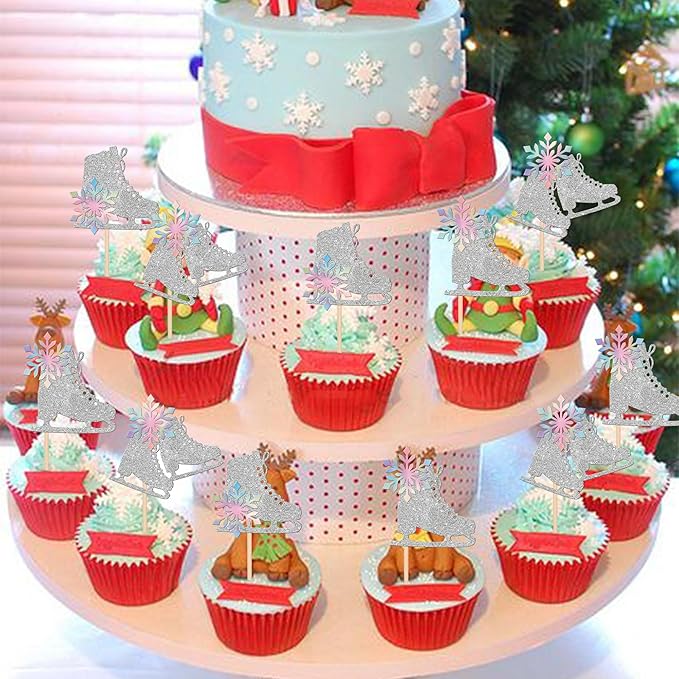 24 PCS Ice Skating Cupcake Toppers Glitter Ice Sports Snowflake Cupcake Picks for Skating Theme Baby Shower Kids Birthday Party Cake Decorations Supplies Silver