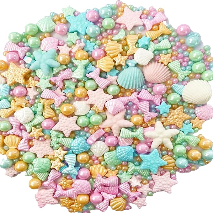 Sentovac Colorful Mermaid Sprinkle Edible Decorating Ocean Sprinkles for Cake Cupcake Topper Cookie Baking Decorations Starfish Shell Pearl Mermaid Candy Mix Mermaid Party Birthday Cake Decorations