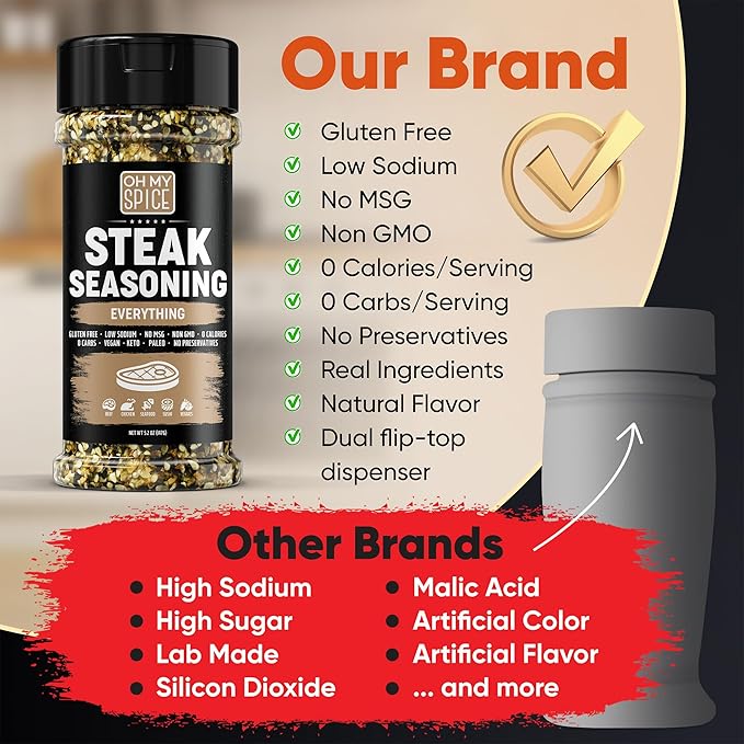 Steak Seasoning Everything Bagel Seasoning Mix - Gluten Free & Low Sodium Meat Seasonings Beef, NY Strip, BBQ & Ribeye. Sesame Seeds Blend Steak Seasonings for Grilling. Steaks Salt. Steaks Rub. 5.2oz