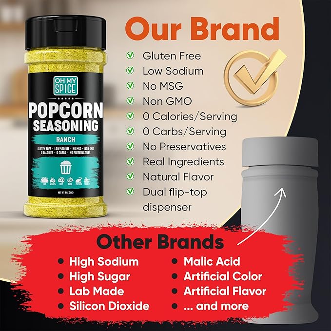 Popcorn Seasoning Variety Pack - Gluten Free & Low Sodium Ranch Seasoning Powder & Cheddar Cheese Powder Flavors. Pop Corn Gift Set. Pop Corn Flavorings Topping Variety Pack. Popcorn Seasonings Kit