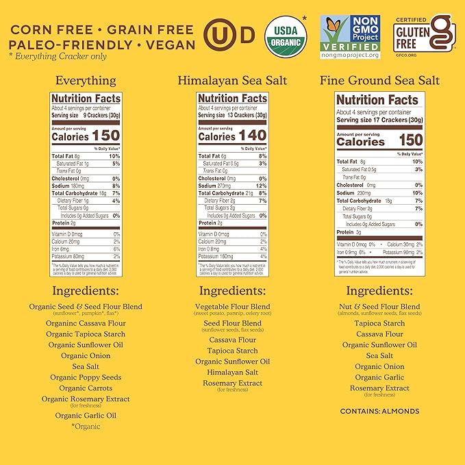 Simple Mills Almond Flour Crackers Fine Ground Sea Salt, Organic Seed Crackers Everything, and Veggie Pita Crackers Himalayan Sea Salt (Pack of 3)