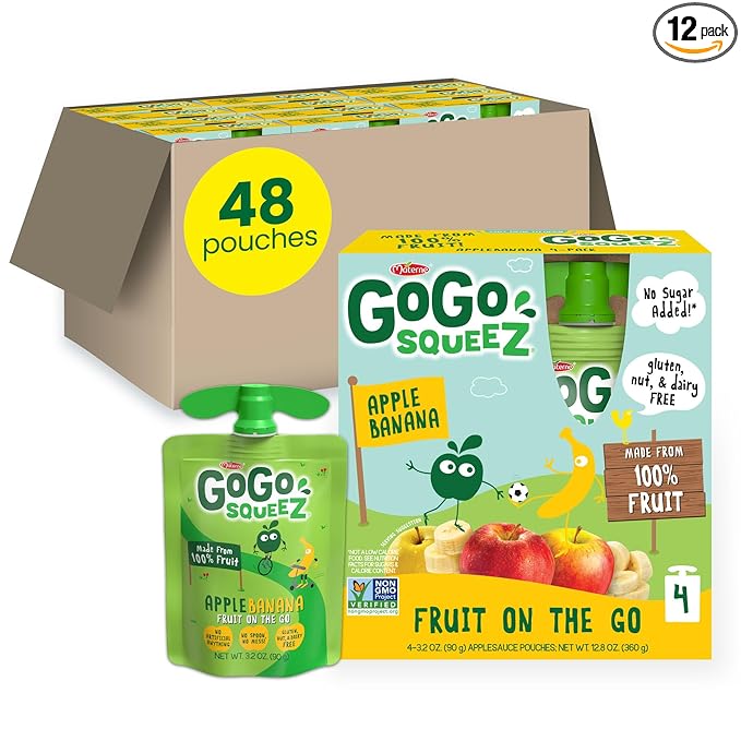 GoGo squeeZ Applesauce and Fruit Puree, Apple Banana, 3.2 oz (Pack of 48), Unsweetened Fruit Snacks for Kids, Gluten Free, Nut Free and Dairy Free, Recloseable Cap, BPA Free Pouches