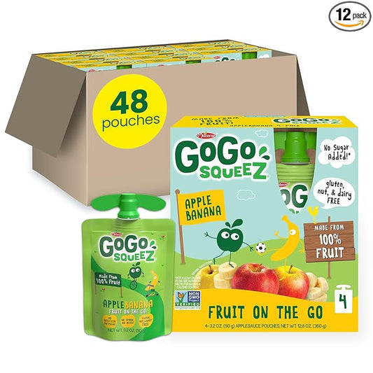 GoGo squeeZ Applesauce and Fruit Puree, Apple Banana, 3.2 oz (Pack of 48), Unsweetened Fruit Snacks for Kids, Gluten Free, Nut Free and Dairy Free, Recloseable Cap, BPA Free Pouches