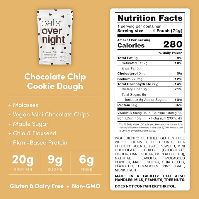 Oats Overnight - Chocolate Chip Cookie Dough - Vegan, 20g Protein, High Fiber Breakfast Shake - Gluten Free, Non GMO Oatmeal (2.6 oz per meal) (8 Pack)