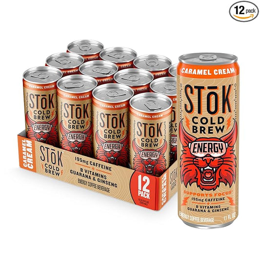 SToK Cold Brew Energy Caramel Cream, Energy Coffee Beverage with 195mg Caffeine to Help Support Focus, Canned Coffee with B-Vitamins, Guarana and Ginseng, 11 fl oz, 12pk