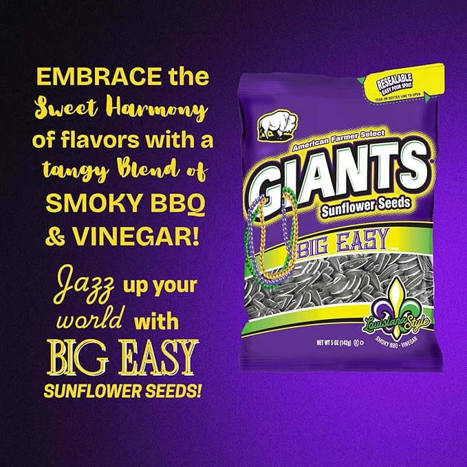 GIANTS Big Easy Sunflower Seeds - Sunflower Seeds to Eat, High Protein Snack, Smoky BBQ & Vinegar, Source of Vitamin E & Fiber Content - 5 oz Resealable Bags (Bulk Pack of 12)