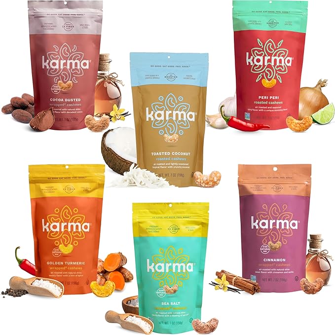 Sample Flavors Variety Pack Cashews by Karma Nuts, Whole, Roasted, Vegan, Non GMO, Gluten Free, Low Carb, Low Calorie, Everyday Nut Snack, 7 Ounce (6 Pouches)