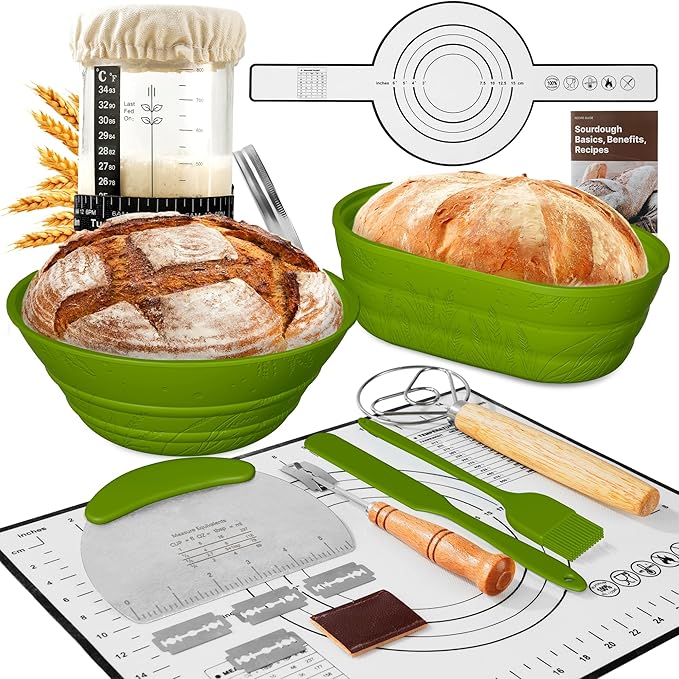 Sourdough Starter Kit with Jar ??Complete Sourdough Bread Baking Supplies for Beginners, Includes 2 Silicone Proofing Baskets Baking Mat Sour Dough Kit - Green
