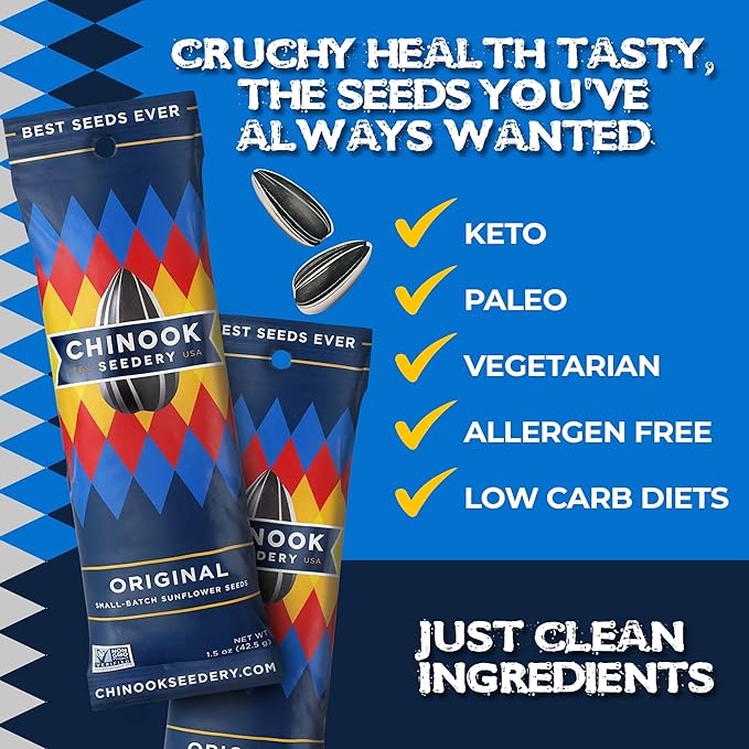 Chinook Seedery Roasted Sunflower Seeds to Eat - 1.5 oz (Pack of 36) Original - Jumbo Low Sodium Sunflower Seeds Keto Snacks - Adventure, Baseball, School Snacks - Gluten Free, Non GMO Snacks