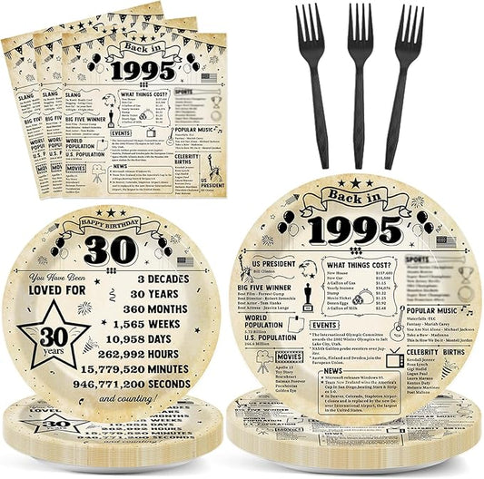 96Pcs Back in 1995 Birthday Plates and Napkins 30th Party Decorations Vintage 30 Year Old Party Dessert Plates 1995 Tableware for 24 Guests 30th Theme Men Women Birthday Supplies