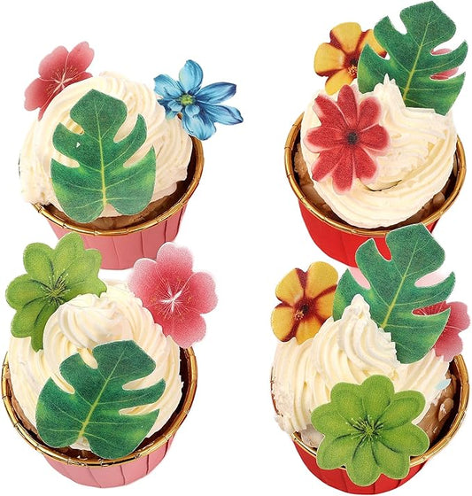 YOcity 83pcs Edible Monstera Tropical Leaves Flowers Cake Toppers Tropical Palm Leaves Flowers Cupcake Toppers Decorations for Jungle Hawaii Theme Baby Shower Kids Birthday Party Supplies