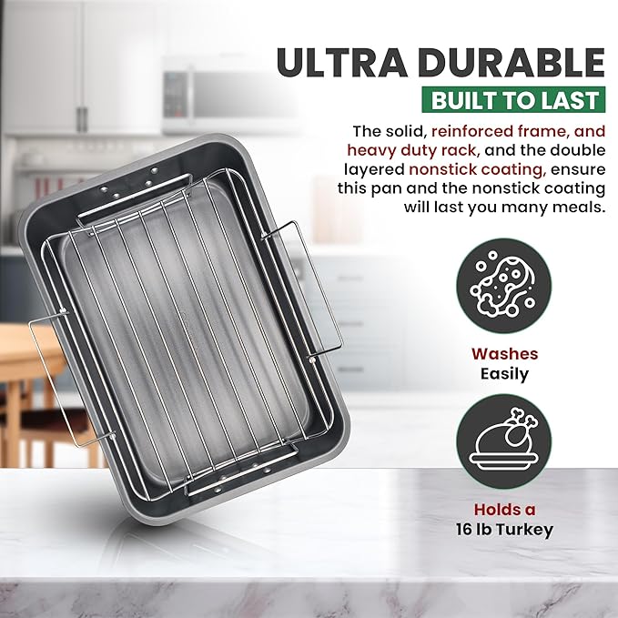 Roasting Pan With Rack 11" x 15" - Non Stick Large Roaster Pan and V-rack with foldable handles - Roasting Pans for Ovens to Elevate Food for Even Heating - Dishwasher Safe Turkey Roast Pot