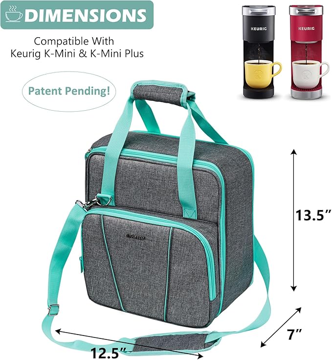 BAGSPRITE Coffee Maker Travel Bag Compatible with Keurig K-Mini or K-Mini Plus, Single Serve Coffee Brewer Carrying Case with Multiple Pockets for K-Cup Pods, Storage Bag With Shoulder Strap