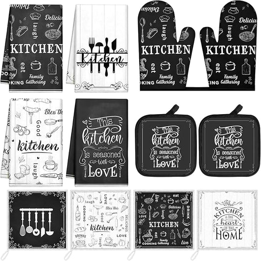 Bencailor 12 Pcs Farmhouse Kitchen Decor Sets, 8 Black Kitchen Dish Towels 2 Pot Holders 2 Oven Mitts Glove, Rustic Hand Towels and Dishcloths Sets for Home Decorations Accessories Christmas Mom Gifts
