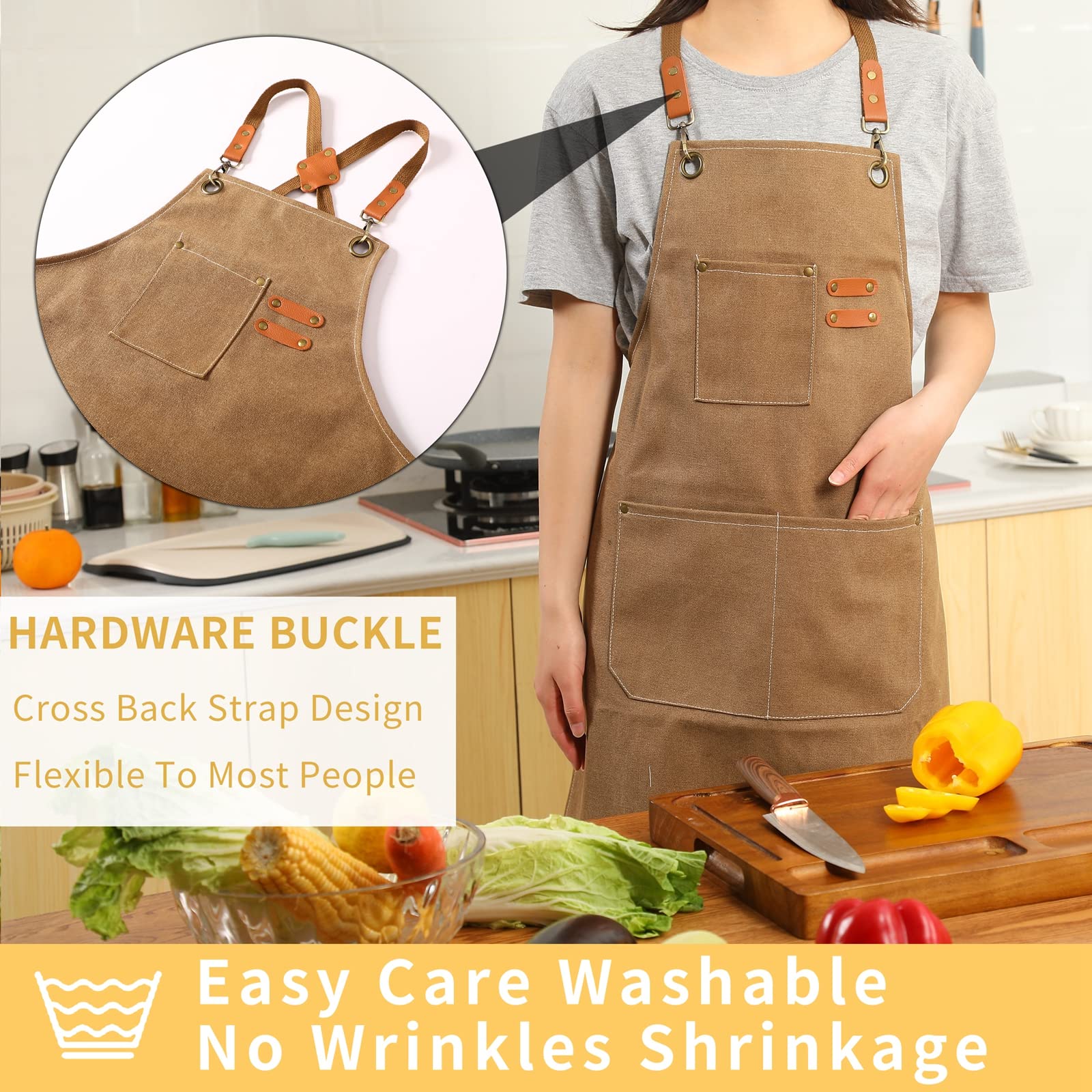 Tosewever Canvas Cross Back Chef Apron for Men Women with Adjustable Straps Large Pockets
