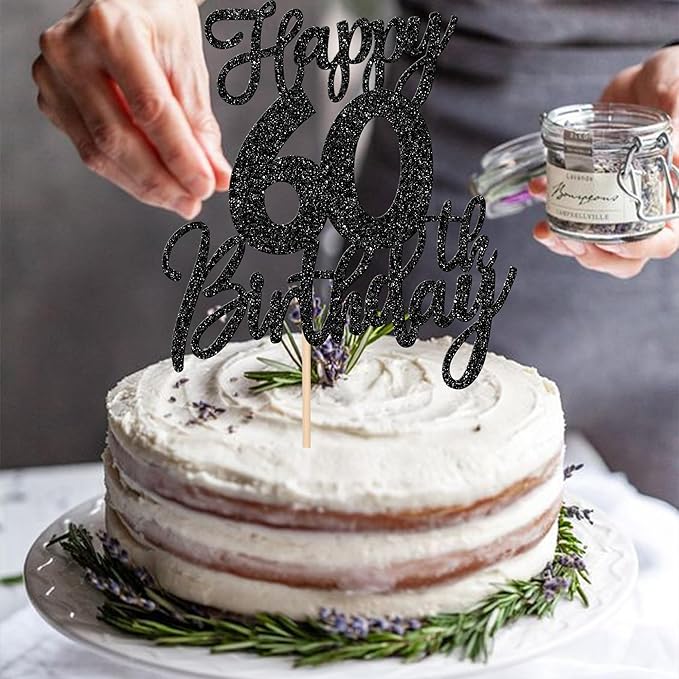 1 PCS Happy 60th Birthday Cake Topper Glitter Cheers to 60 Years Birthday Cake Pick Sixty Hello 60 Fabulous Cake Decoration for Happy 60th Birthday Anniversary Party Decorations Supplies Black