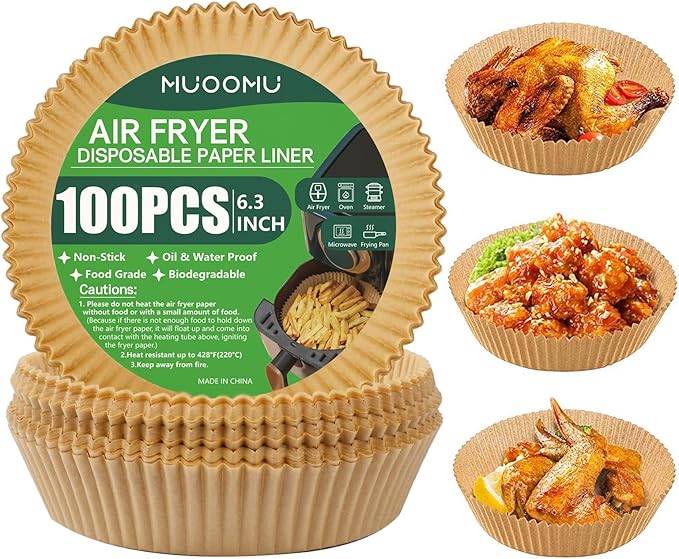 Air Fryer Disposable Paper Liner, Non-Stick Round Parchment, AirFryer Accessories, Oil Proof, Water Proof, Cooking Baking Roasting Filter for Microwave Oven Frying Pan(100PCS, 6.3inch)