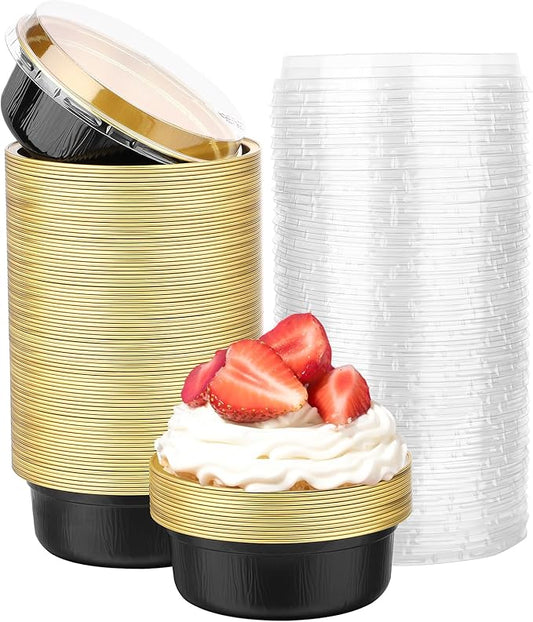 Beasea Disposable Ramekins with Lids, 100 Pack 8.8oz 260ml 4 Inch Round Aluminum Foil Cups Disposable Cupcake Pudding Mini Baking Cups for Party - Black Gold