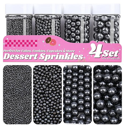 Black Pearl Sprinkles for Cake Decorating, 11.3 Oz Edible Pearls Sugar 4 Sizes Gift Box Set for Baking Cookie Ice Cream Cupcake Toppings