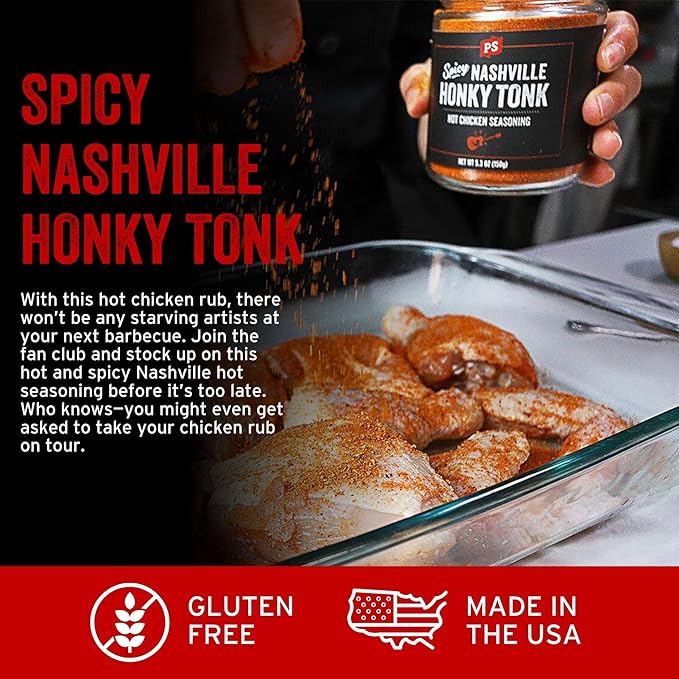 PS Seasoning Honky Tonk Nashville Hot Chicken Seasoning - Spicy Chicken BBQ Seasoning and Rubs for Smoking, Grilling, Frying, Roasting - Nashville Style Dry BBQ Rub for Poultry, Wings, Ribs, Dips