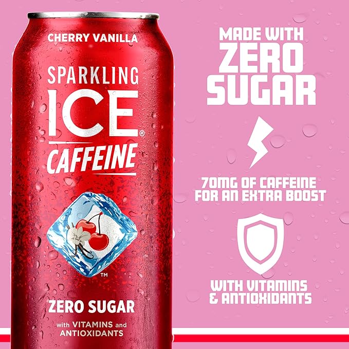 Sparkling Ice Caffeine Cherry Vanilla Sparkling Water with Caffeine, Zero Sugar, with Antioxidants and Vitamins,16 fl oz Cans (Pack Of 12)