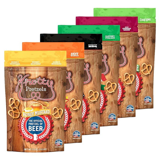 Knotty Pretzels - "The Official Pretzel of Beer" 7.5 Ounce Pretzel in Resealable Snacks Bags - Variety Pack (6 Pack)
