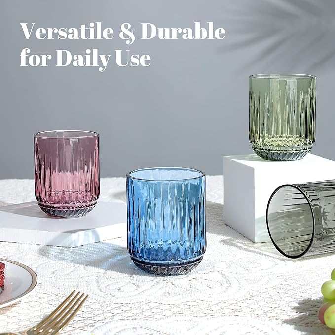 Joeyan Vintage Small Drinking Glasses,9 oz Ribbed Colored Water Cocktail Tumblers Cups,Beer Wine Juice Milk Beverages Glassware,Set of 4,Dishwasher Safe