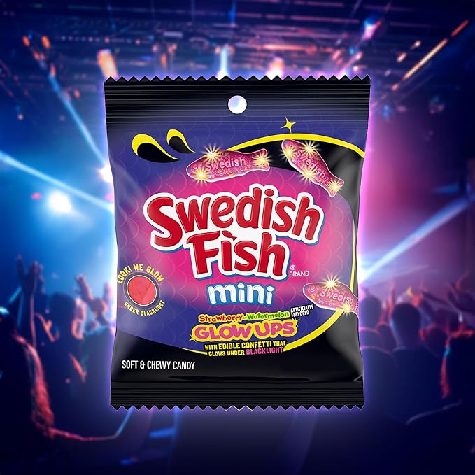 SWEDISH FISH Mini Glow Ups Strawberry-Watermelon Soft & Chewy Candy, Bulk Candy, 12-3.08 oz Bags