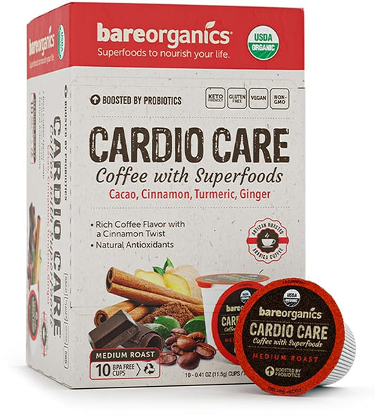 BareOrganics 13313 Cardio Care USDA Organic Coffee Pods, Compatible Organic Coffee Pods, Infused with Superfoods & Probiotics, Vegan Friendly, Gluten Free, 10 Single Serve Cups