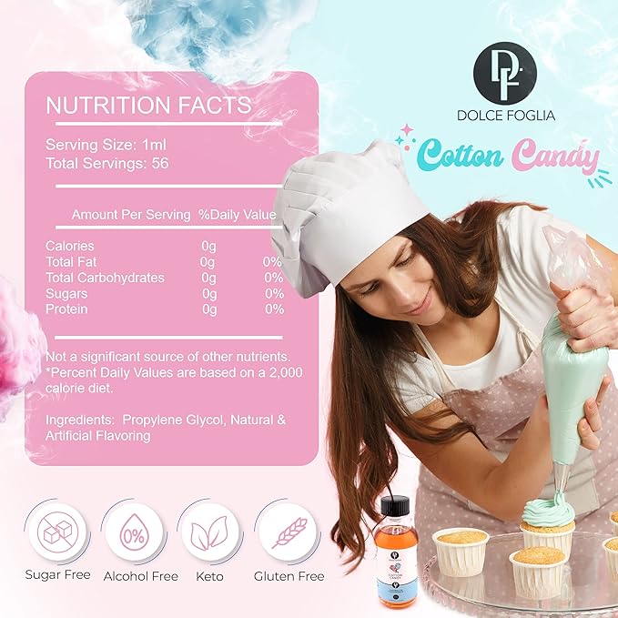 Dolce Flav Cotton Candy Extract ??Kosher, Sugar-Free, Concentrated Carnival-Style Flavoring for Baking, Frostings & Drinks, Includes Measured Dropper, 2 oz Pack of 2