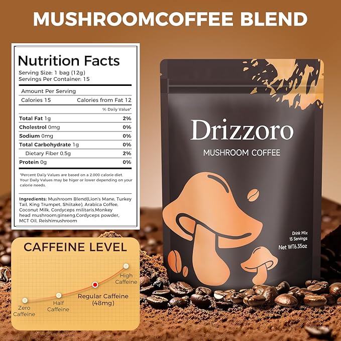 Mushroom Coffee, 15 Servings Organic Mushrooms Instant Coffee, Powder for Energy, Digestion & Immune Support, 6 Superfood Lion's Mane, Reishi, Cordyceps, Shiitake, King Trumpet & Turkey Tail