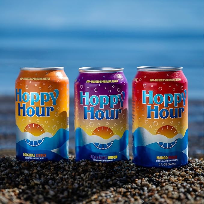 Hoppy Hour Sparkling Hop Water, Non-Alcoholic and Adaptogens Drink, Zero Sugar and Calories, Tasty Topical Mango Peach Flavor, 12 oz Cans (12-Pack)