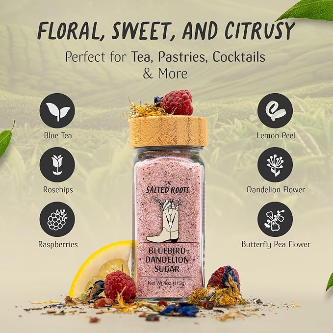 The Salted Roots Bluebird Dandelion Sugar - Floral, Sweet & Citrusy with Blue Tea, Rosehips & Raspberries - Gourmet Sugar for Tea, Pastries & Cocktails – 4oz Jar