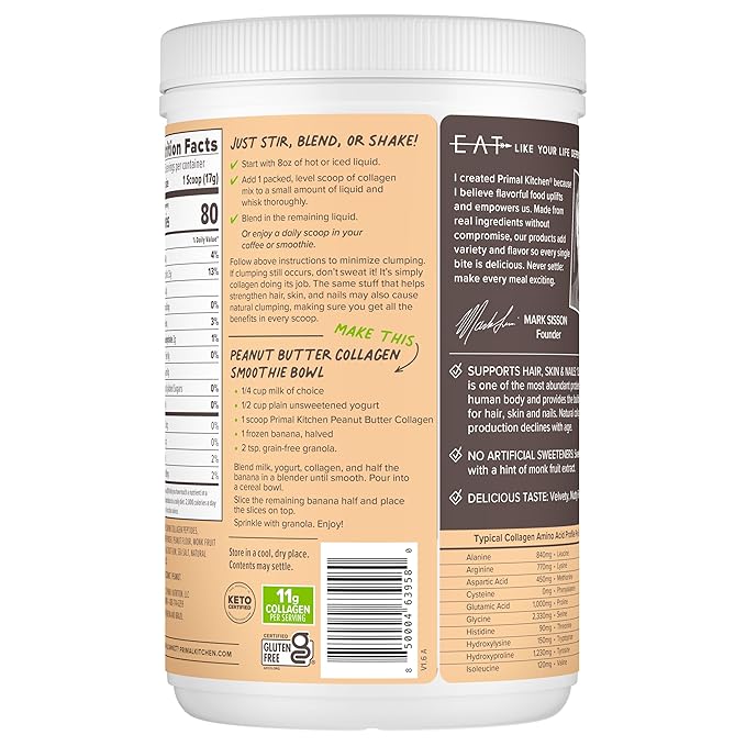 Primal Kitchen Peanut Butter Flavor Collagen Fuel짰 Drink Mix, Collagen Peptides, No Dairy, 14.3 Ounces