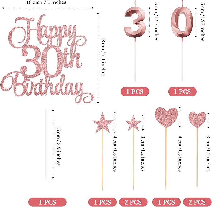 30th Birthday Cake Toppers, 30th Birthday Candles Numeral Candles and Glitter Cake Decorations Toppers Set for Party Supplies (Rose Gold)