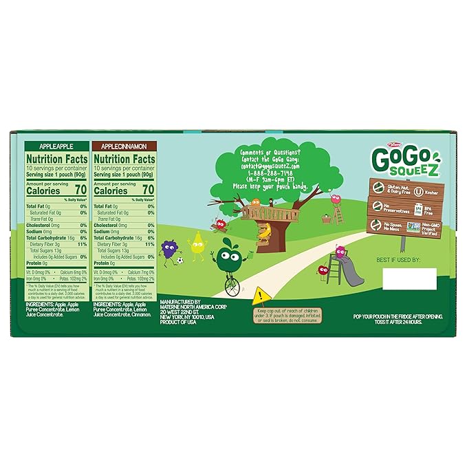 GoGo squeeZ Applesauce and Fruit Puree Variety Pack, Apple & Cinnamon, 3.2 oz (Pack of 20), Unsweetened Fruit Snacks for Kids, Gluten Free, Nut Free and Dairy Free, BPA Free Pouches