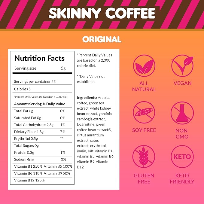 Skinny Boost Instant Skinny Coffee Sticks (Unflavored) - Made with Arabica Coffee Beans, Garcinia Cambogia, Green Tea Extract, B Vitamins, Fiber and Prebiotics ?“Sugar Free-Keto Friendly (28 Packets)