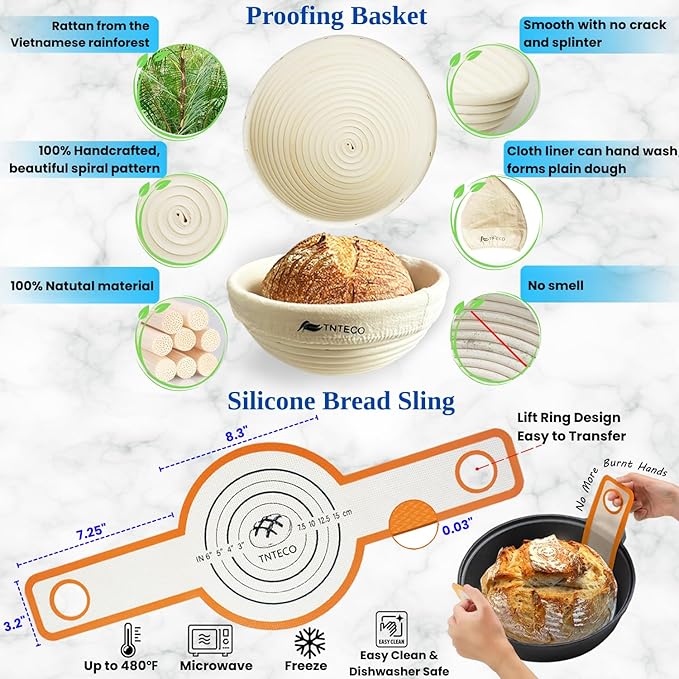 Banneton Bread Proofing Basket, Sourdough Bread Baking Supplies, Sourdough Starter Kit with 9 Inch Banneton Baskets, Silicone Bread Sling, 5 Bread Lame, Scoring Lame, Scraper, Dough Whisk