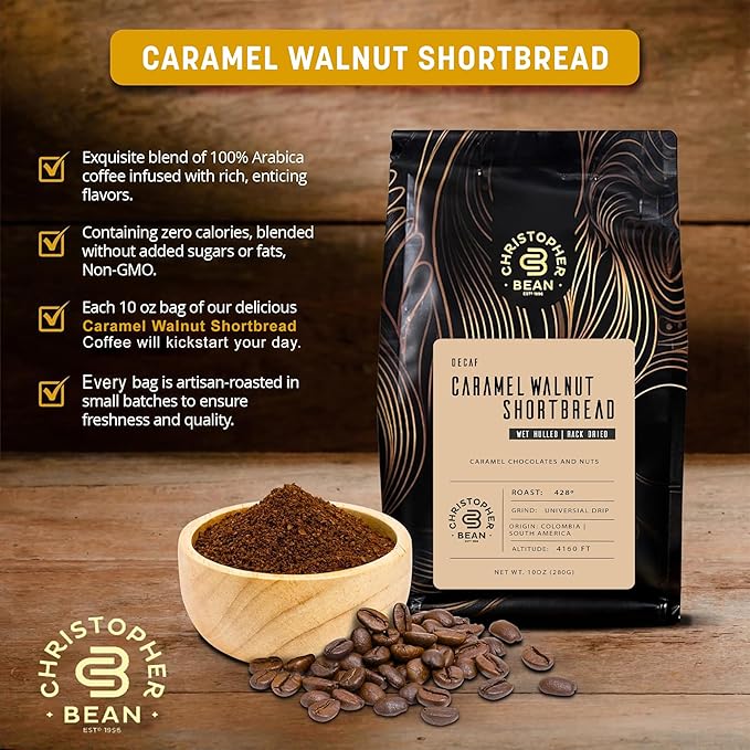 Christopher Bean Coffee - Certified Kosher - Decaf Ground Universal Drip Caramel Walnut Shortbread Flavored Coffee| Flavored Coffee with Medium Roast 100% Arabica, No Sugar, No Fats, Non-GMO | 10 - Ounce
