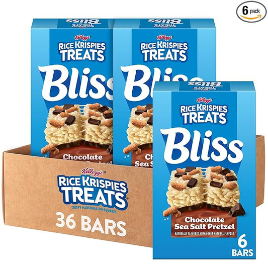 Rice Krispies Treats Bliss Crispy Marshmallow Squares, Snack Bars, Chocolate Sea Salt Pretzel (6 Boxes, 36 Bars)