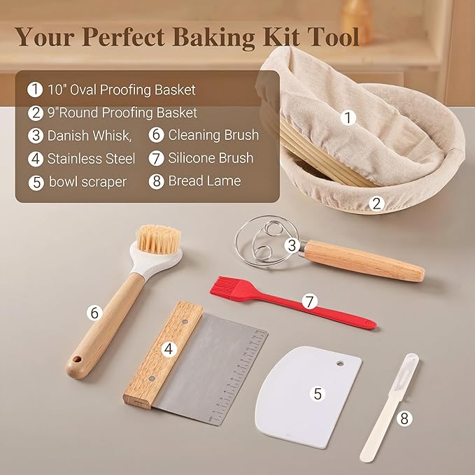 Sourdough Bread Proofing Basket Kit,9" Round and 10" Oval Banneton Basket with Liners & Covers,Bread Baking Supplies with Bread Lame, Dough Whisk, Brush,Bowl Scraper,Brush and Scraper