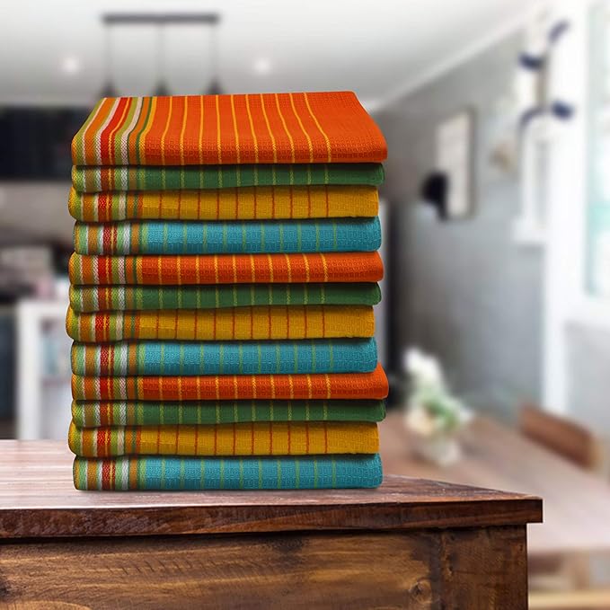 Salsa Stripe Kitchen Towels 100% Cotton Dish Towels for Kitchen Multi Color Highly Absorbent Multi-Purpose Waffle Dish Cloths for Cleaning Soft Hand Bar Towels 20x28 Inches (Set of 12)