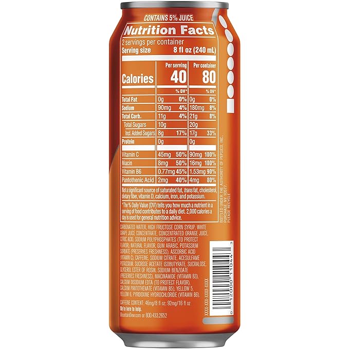 Mountain Dew Kickstart, Orange Citrus, 92mg Caffeine, Vitamins B & C, 80 Calories, 5% Juice, 16 Fl Oz (Pack of 12)